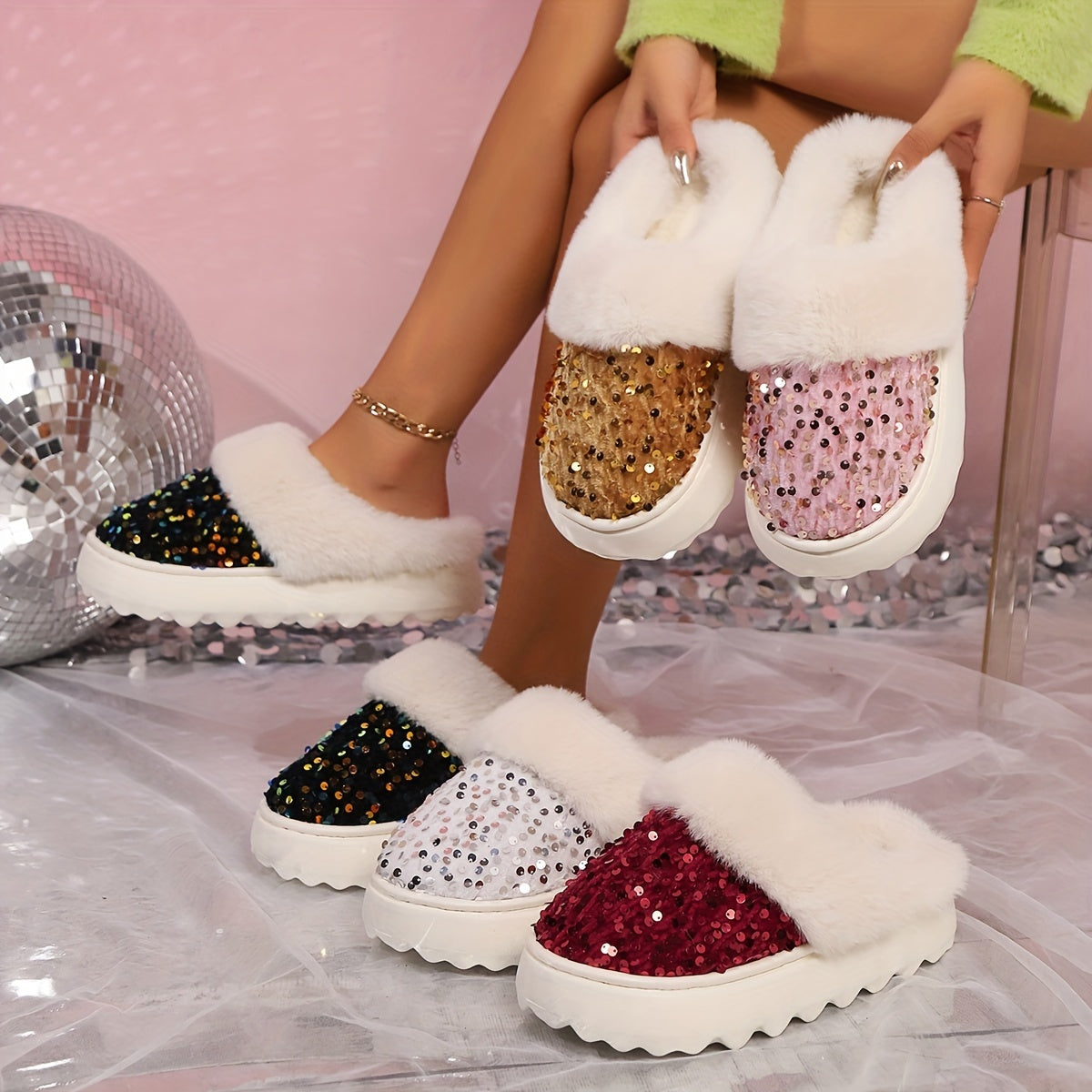 Women's Fashion Sequin Embellished Comfortable Non-Slip Warm Thick Sole Soft Fabric Slippers, Solid Color, with EVA Outsole and Fabric Insole, for Indoor Home Use, Winter Season